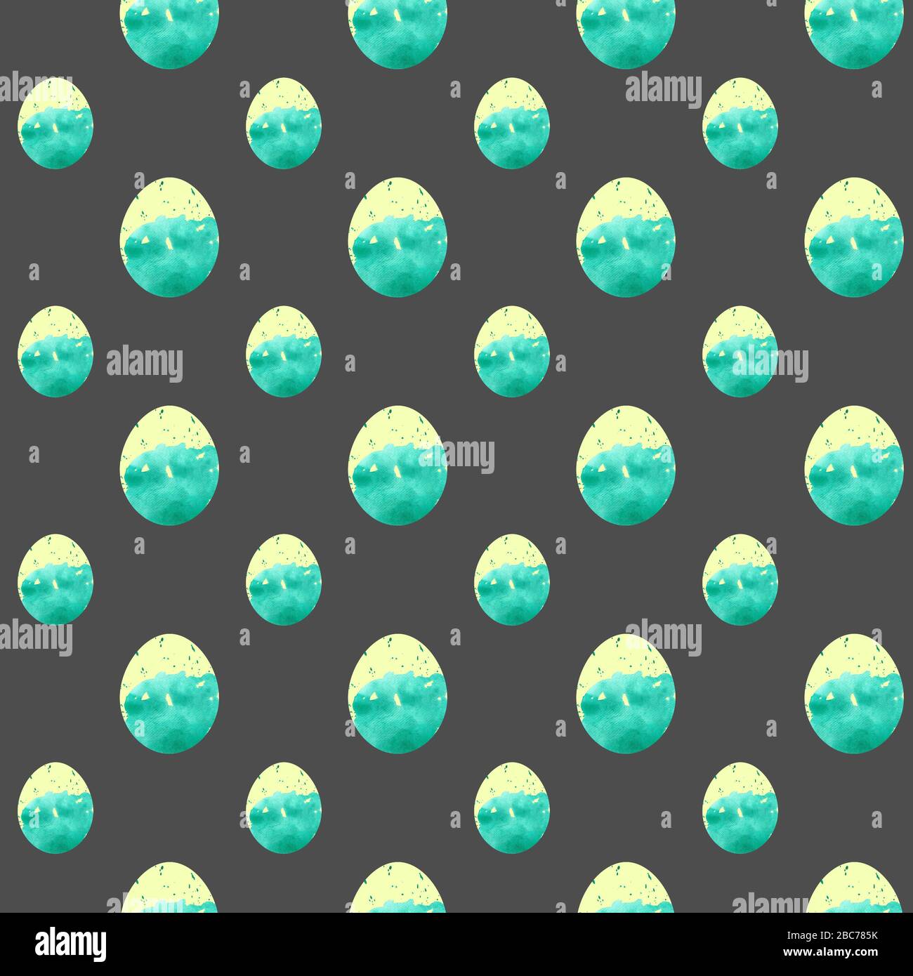 Emerald mit gelber Oberseite Osterei nahtloses Muster. Handzeichnung Aquarell Skizze auf grauem Hintergrund. Farbenfrohe Illustration. Bild kann in Grußkarten, Plakaten, Flyern, Bannern, Logo, weitere Gestaltung etc. Verwendet werden Stockfoto