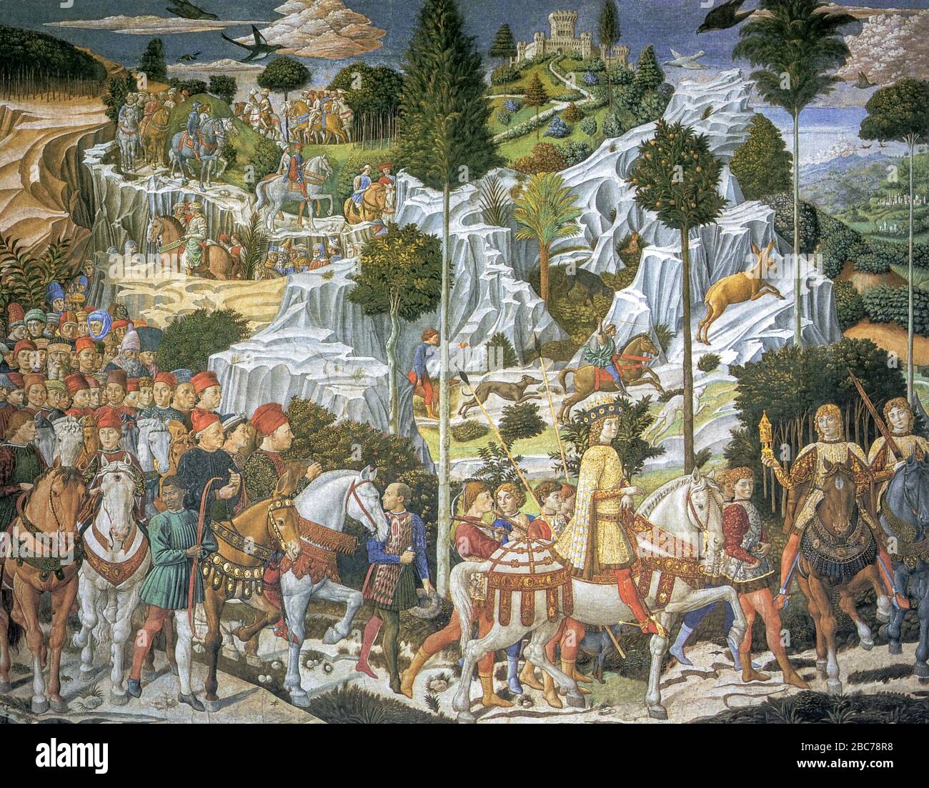 Italien Toskana Florenz- Palazzo Medici - Riccardi- Benozzo Gozzoli - Fresko - Prozession der Magi ( mit Lorenzo, Piero und Giovanni de' Medici ) 1459 Stockfoto