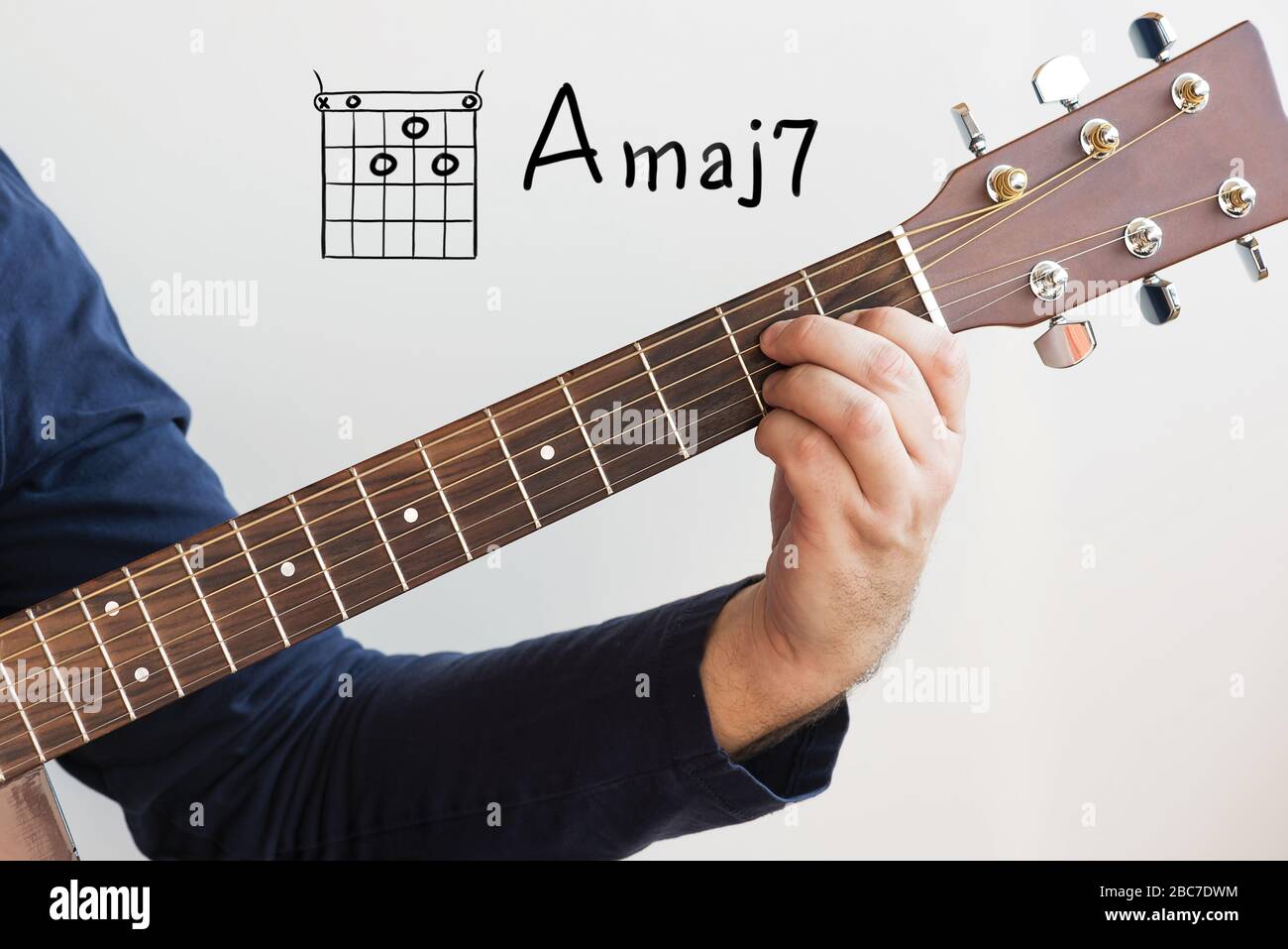 Gitarre lernen - Mann in einem dunkelblauen Hemd, das Gitarrenakkorde auf dem Whiteboard spielt, Akord A-Major 7 Stockfoto