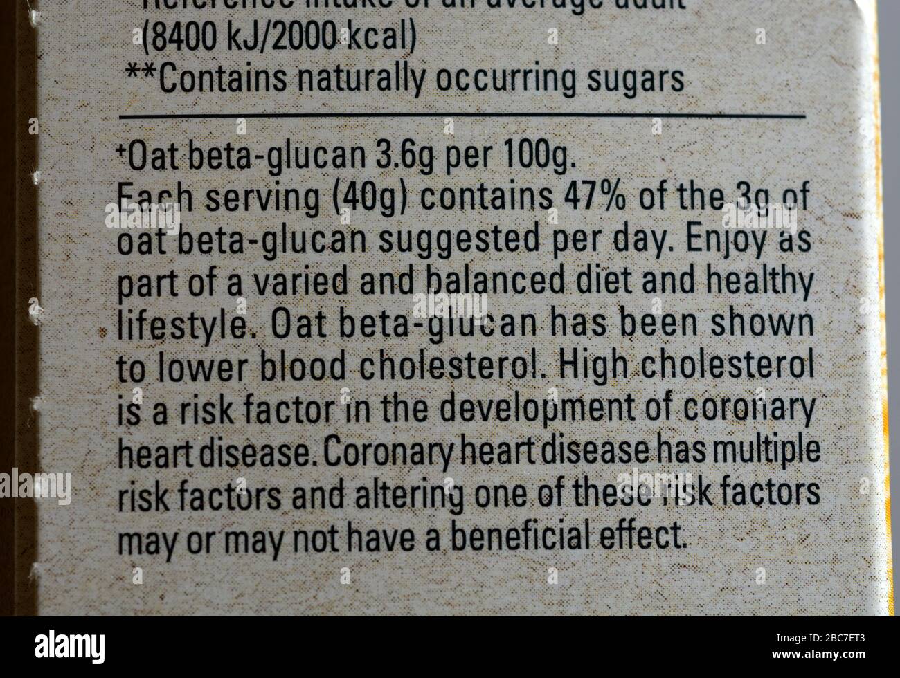 Oat beta-glucan Informationen über ein Paket von Quäker-Oats. Stockfoto