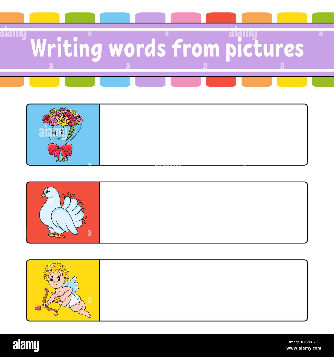 Wörter aus Bildern schreiben. Arbeitsblatt zur Entwicklung von Schulungen. Bouquet, Taube, Cupid. Aktivitätsseite für Kinder. Puzzle für Kinder. Isolierte vektorillust Stock Vektor