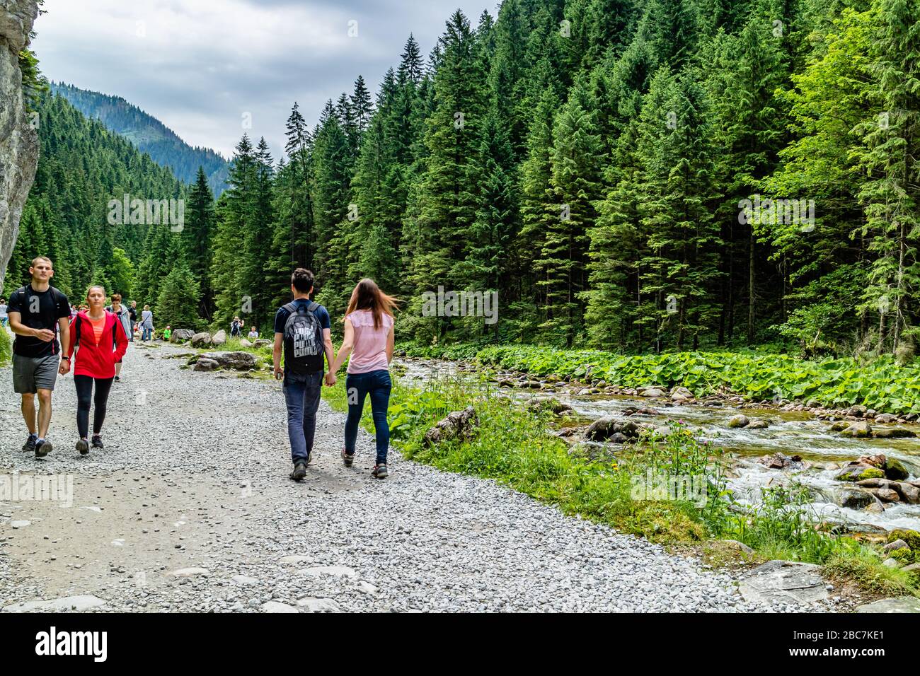 Menschen, die im Kościeliska-Tal im Nationalpark Tatra, in der Nähe von Zakopane, Polen, wandern. Juli 2017. Stockfoto