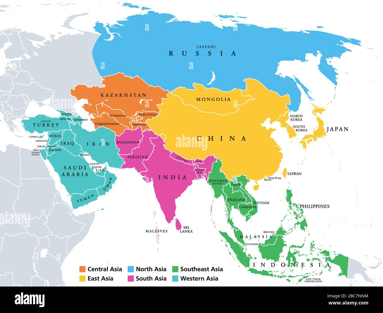 Asien. Regionen. Politische Karte mit einzelnen Ländern. Farbige Unterregionen des asiatischen Kontinents. Zentral, Ost, Nord, Süd, Südost, Westasien. Stockfoto