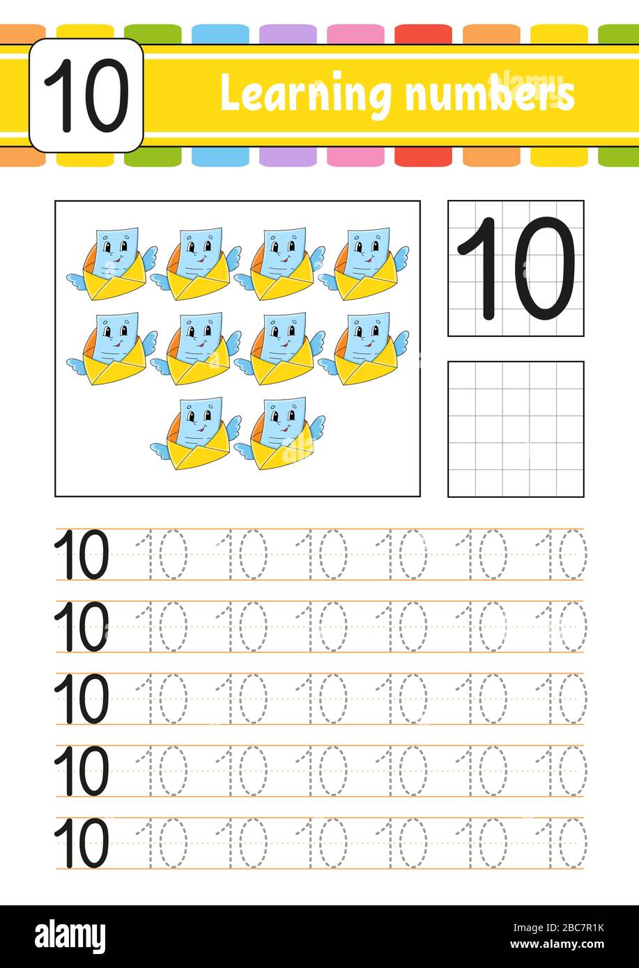 Nummer 10. Verfolgen und Schreiben. Handschrifterpraxis. Lernnummern für Kinder. Arbeitsblatt zur Entwicklung von Schulungen. Aktivitätsseite. Spiel für Kleinkinder. Isolieren Stock Vektor