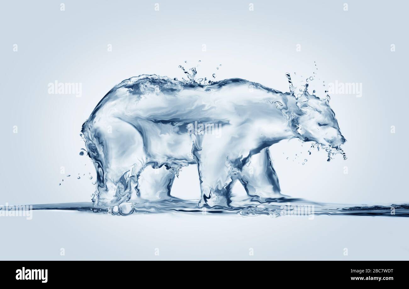 Ein Eisbär aus Wasserschmelze, der die Gefahren der Erderwärmung darstellt. Stockfoto