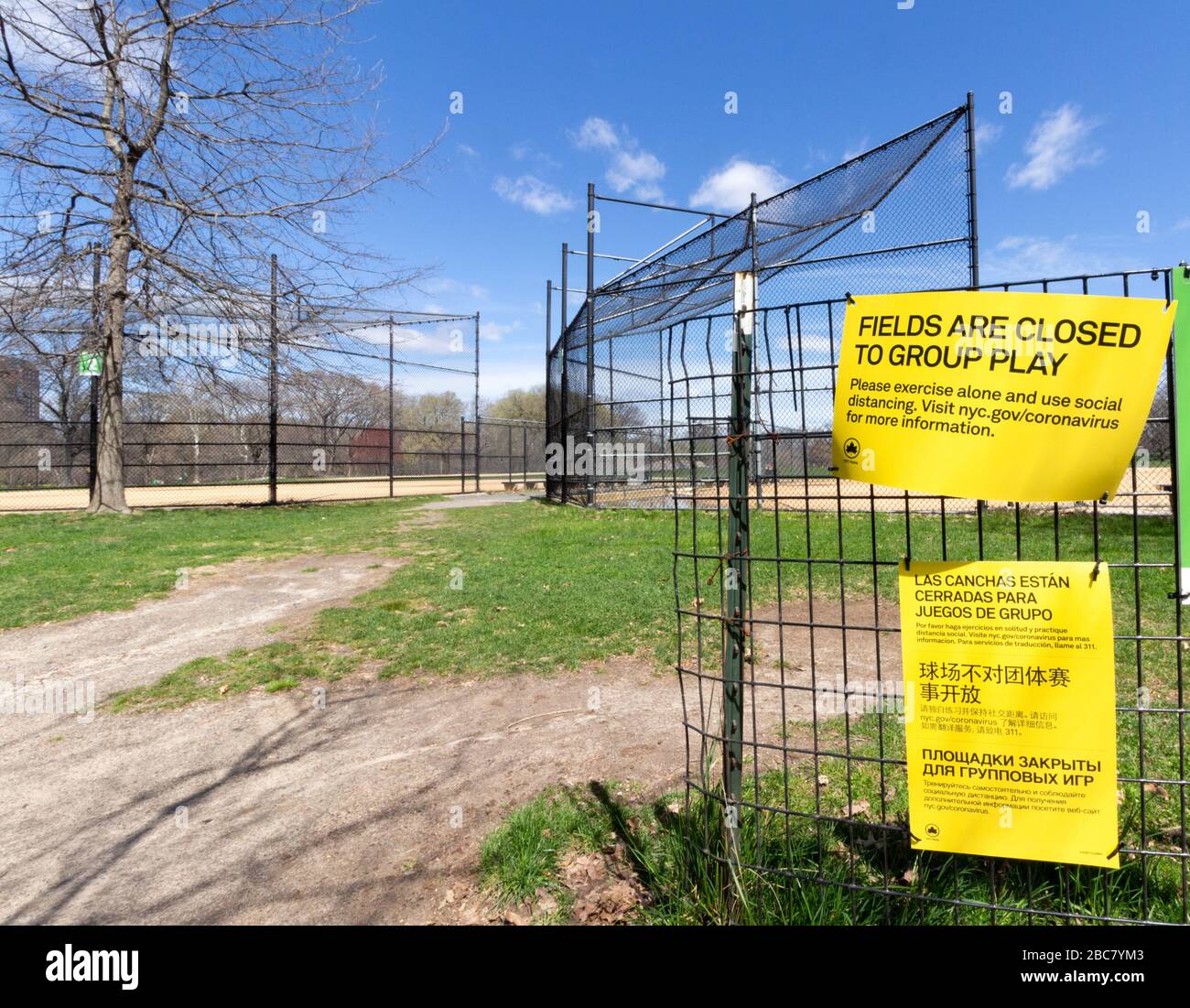 Gelbe Schilder in sieben Sprachen sagen der Öffentlichkeit das Baseballfeld im Central Park ist wegen des Coronavirus oder der Covid-19-Pandemie für Gruppenspiele gesperrt Stockfoto
