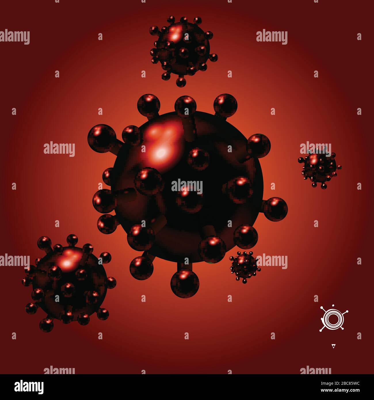 3D-Darstellung von Red Coronavirus Covid-19-Molekülen mit Lichtreflexionen und weißem Symbol über rotem Hintergrund Stock Vektor