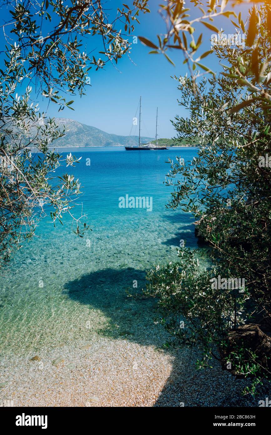 Olivfarbene Lamellenrahmen mit mediterranen Lorbeeren und Luxus-Yacht. Sommer Strandurlaub Entspannung Refugium Kurzurlaub Konzept. Stockfoto