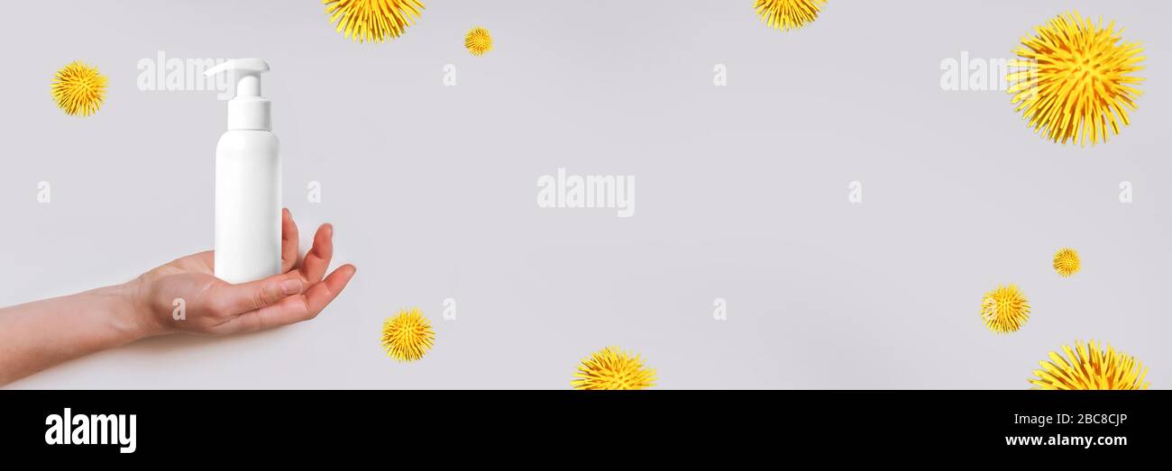 Waschen von Händen mit Alkoholgel oder antibakterieller Seife für die Vorbeugung von Corona-Viren, Hygiene, um die Verbreitung von Coronavirus-Banner zu stoppen Stockfoto