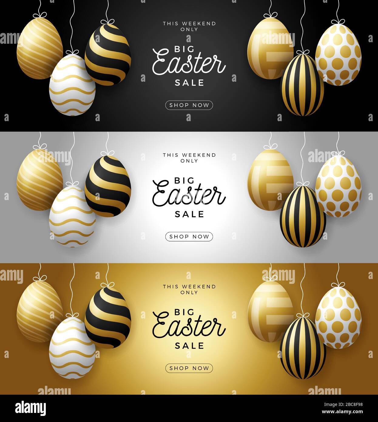 Luxury Easter Egg Sale horizontales Bannerset. Osterkarte mit Gold- und weißrealistischen Eiern hängen an einem Faden, goldene verzierte Eier auf schwarzem modernen Rücken Stock Vektor