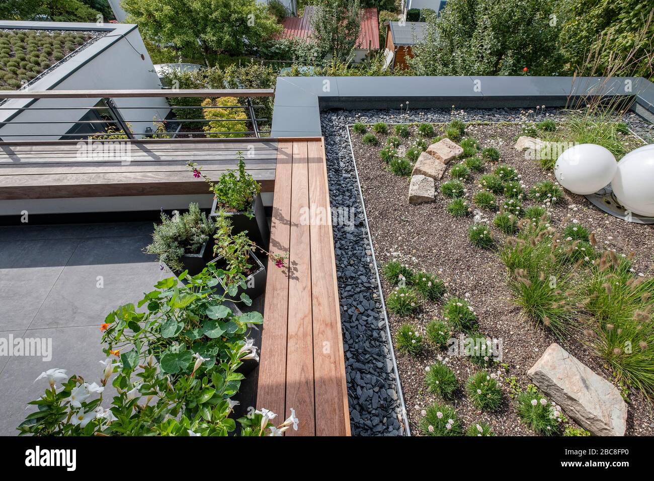 Moderne Dachterrasse mit bepflanzten Flachdächern und Sitzbank im Freien Stockfoto