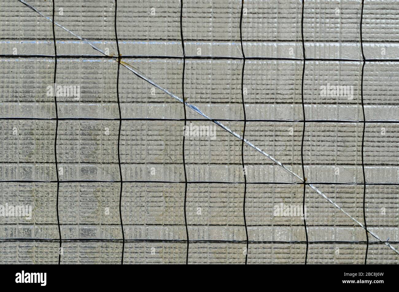 Gerissene Scheibe verstärkt. Beschädigte Nahaufnahme des Sicherheitsglases. Es wurde ein unzulässiger Eintrag versucht. Aufnahmen auf Augenhöhe. Nahaufnahme. Selektiver Fokus. Stockfoto