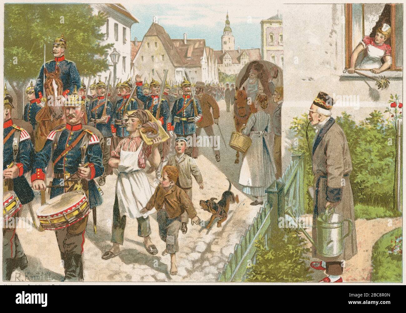 Antiker Chromolithographendruck, "Marsch in Manöver" für deutsche Militärprozession. QUELLE: ORIGINALGRAVUR Stockfoto