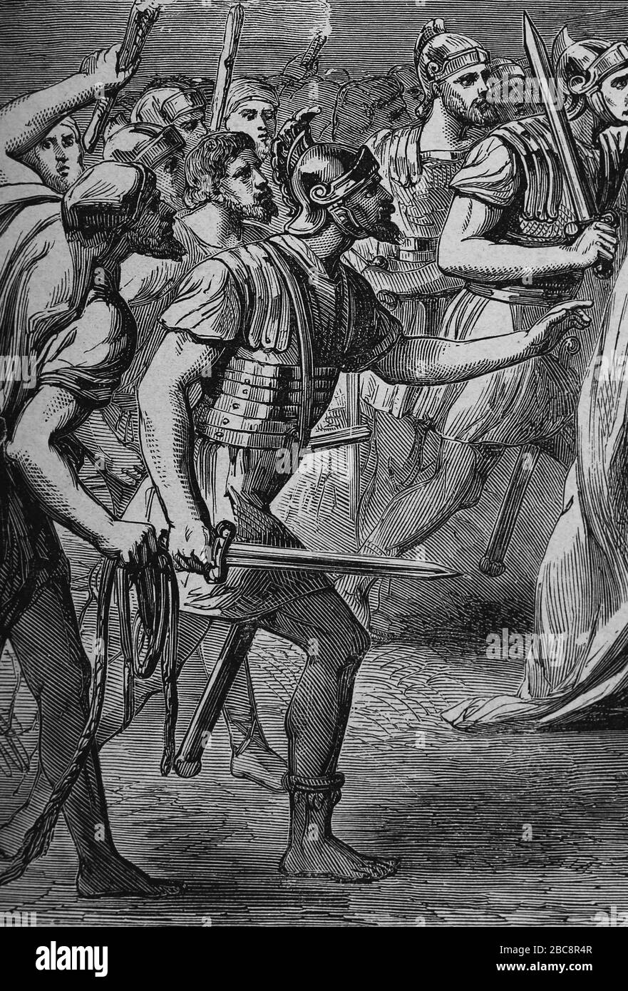 Die Verhaftung Jesu im Garten Gethsemane. Detail eines römischen Soldaten. Gravur. Heilige Bibel, 19. Jahrhundert. Stockfoto