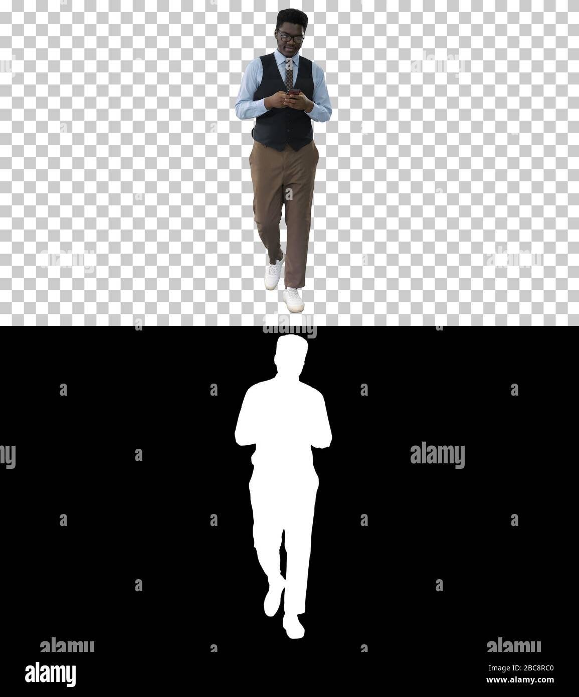 Afrikanischer Mann spielt Trompete und läuft, Alpha Channel Stockfoto