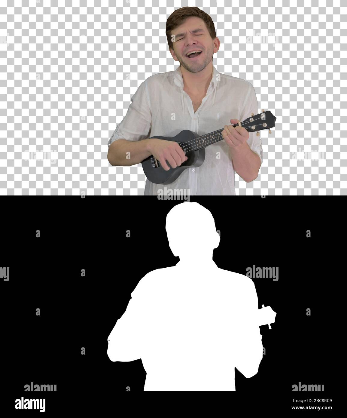 Mann mit Ukulele, der ein Lied singt, Alpha Channel Stockfoto