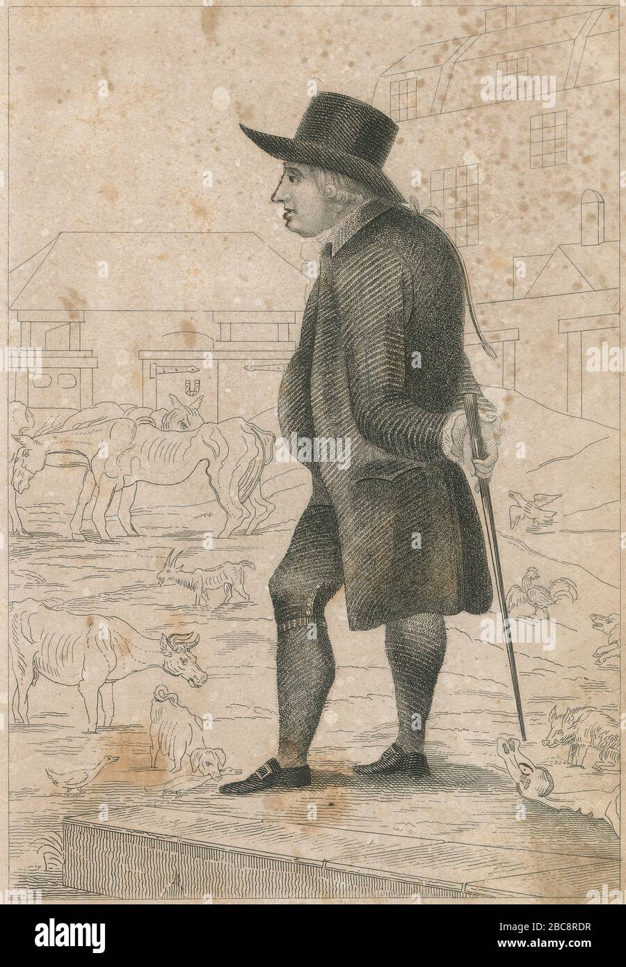 Antike Gravur, "Baron d'Aguilar of Hungerfarm". Ephraim Lópes Pereira d'Aguilar (1739-1802) war der zweite Baron d'Aguilar, eine Baronie des Heiligen römischen Imperiums. Seine Einrichtung in Colebrook Row, Islington, wurde im Volksmund wegen der spärlichen Nahrung für das Rind als 'Starvation Farm' bezeichnet. QUELLE: ORIGINALGRAVUR Stockfoto