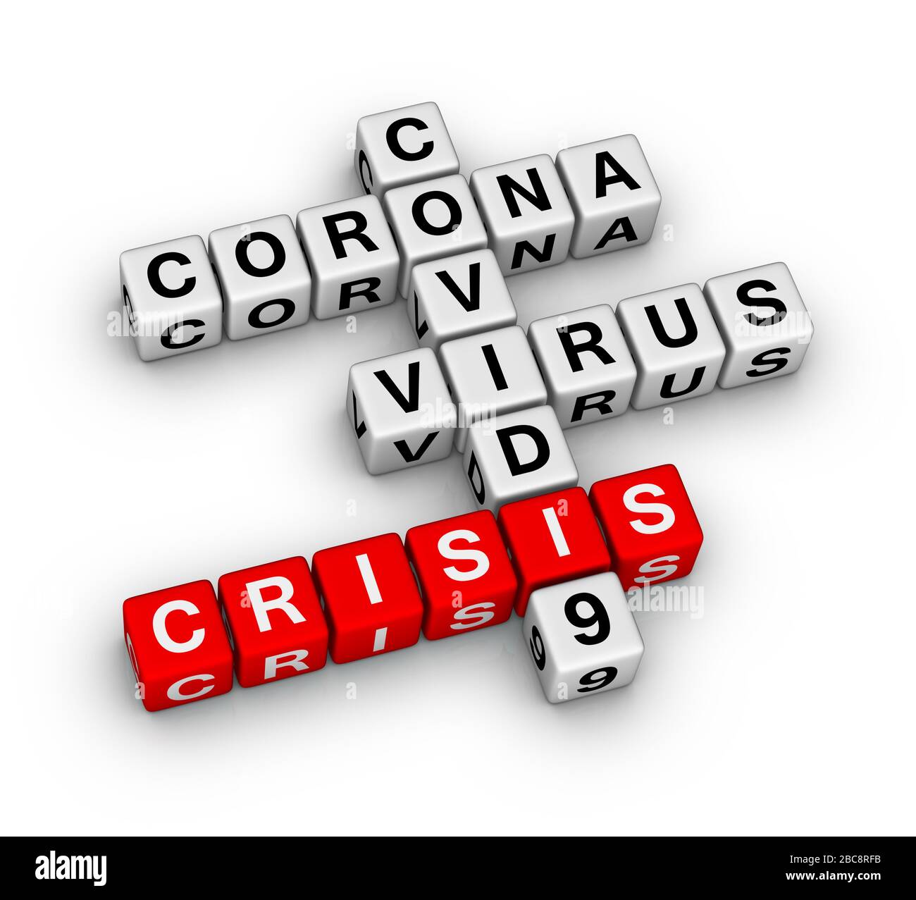 Coronavirus COVID-19 Ekononische Krise. 3D-Kreuzworträtsel auf weißem Hintergrund. Stockfoto