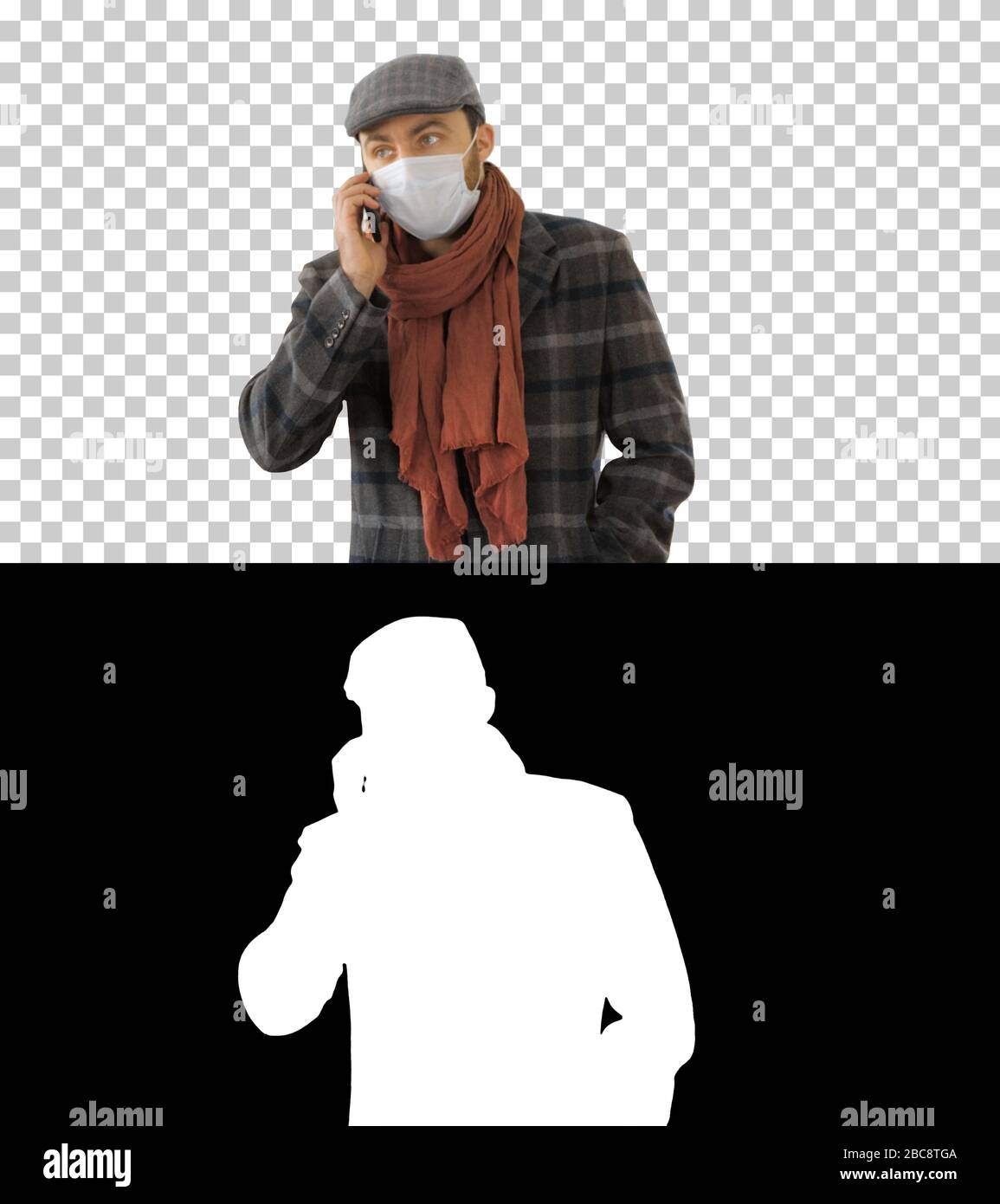 Stilvolle männliche Person mit Schutzmaske beim Gehen und Sprechen Stockfoto