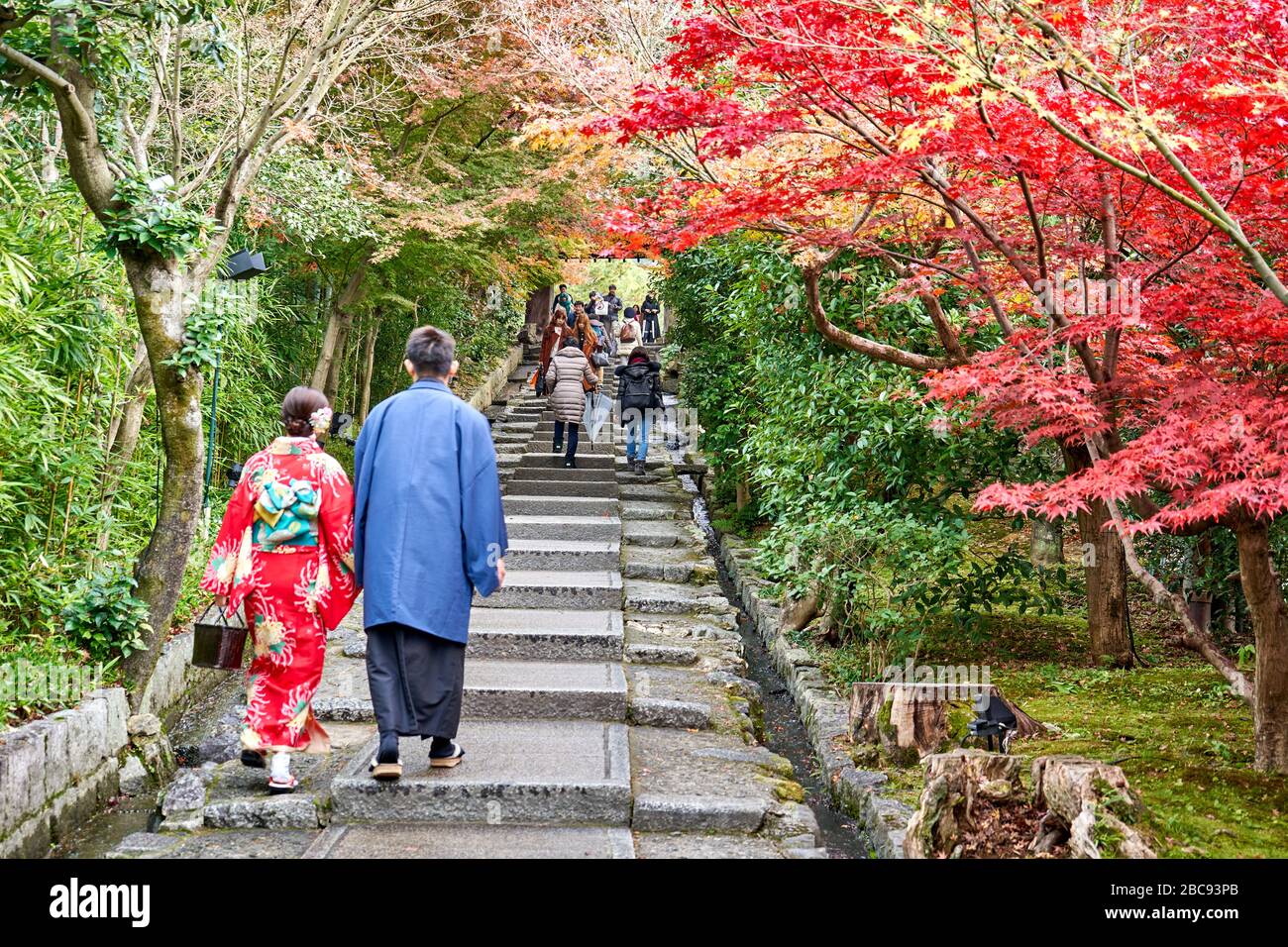 Ein schönes Paar im Kimono, das im Herbst in Kyoto spazieren geht Stockfoto