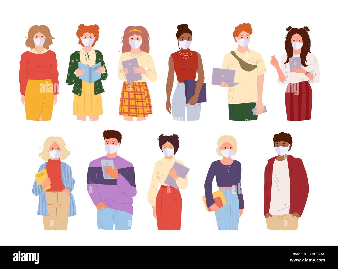 Coronavirus Covid 19, Menschen in weißer medizinischer Gesichtsmaske. Flacher Cartoon-Stil. Internationale Gruppe junge Menschen tragen Masken. Studenten schützten vor t Stockfoto