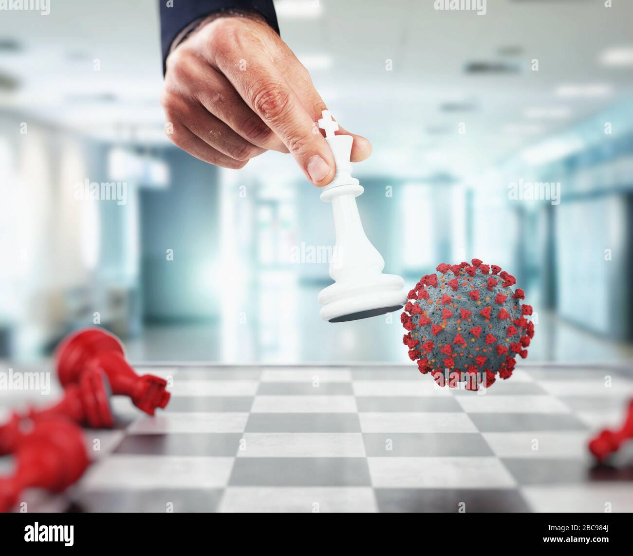 Gewinnen Sie die Herausforderung mit dem Virus in einer Schachpartie Stockfoto