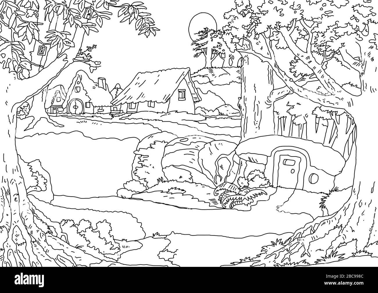 Farbbild, eine Lichtung im Wald mit Dorf und Bäumen, Stockfoto