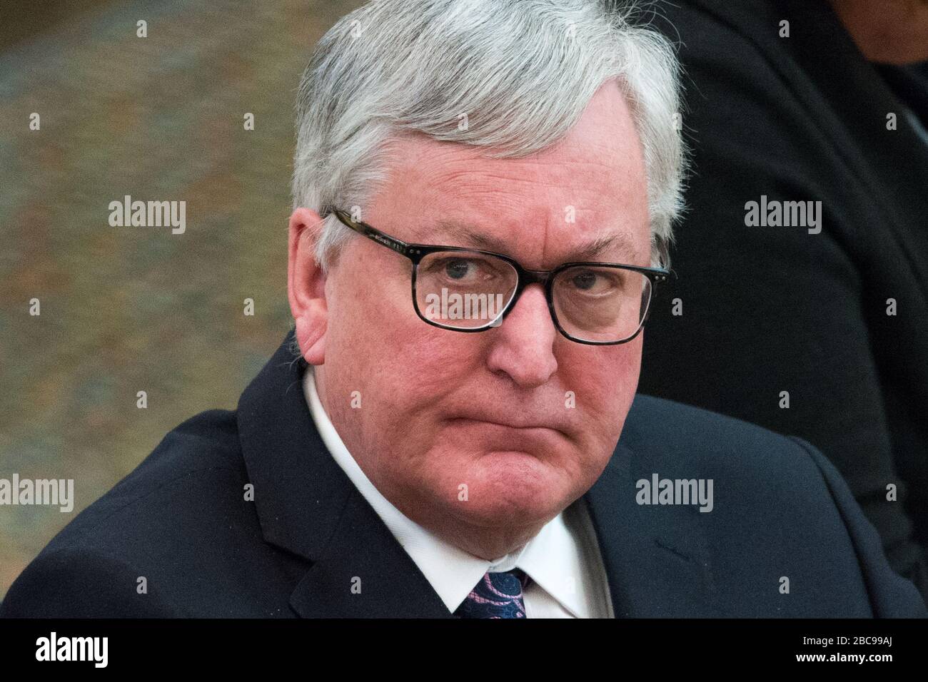 Edinburgh, Großbritannien. Februar 2020. Bild: Fergus Ewing MSP - Kabinettsekretär für die ländliche Wirtschaft. Szenen aus ersten Ministerfragen im schottischen Parlament in Holyrood, Edinburgh. Stockfoto