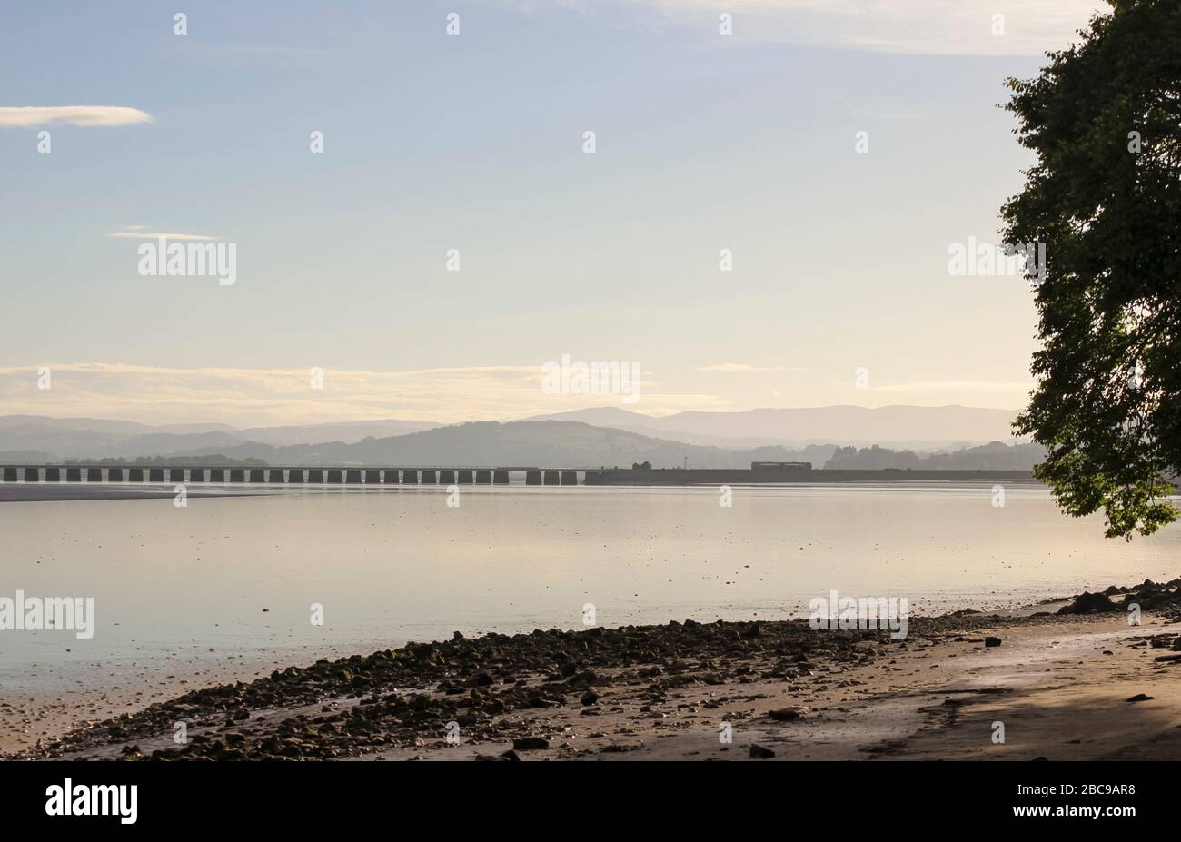 Der Tempolimit der Northern Rail Klasse 142 nähert sich kurz nach Sonnenaufgang im Sommer dem Arnside-Viadukt mit den dahinter liegenden Hügeln im Seebezirk Stockfoto