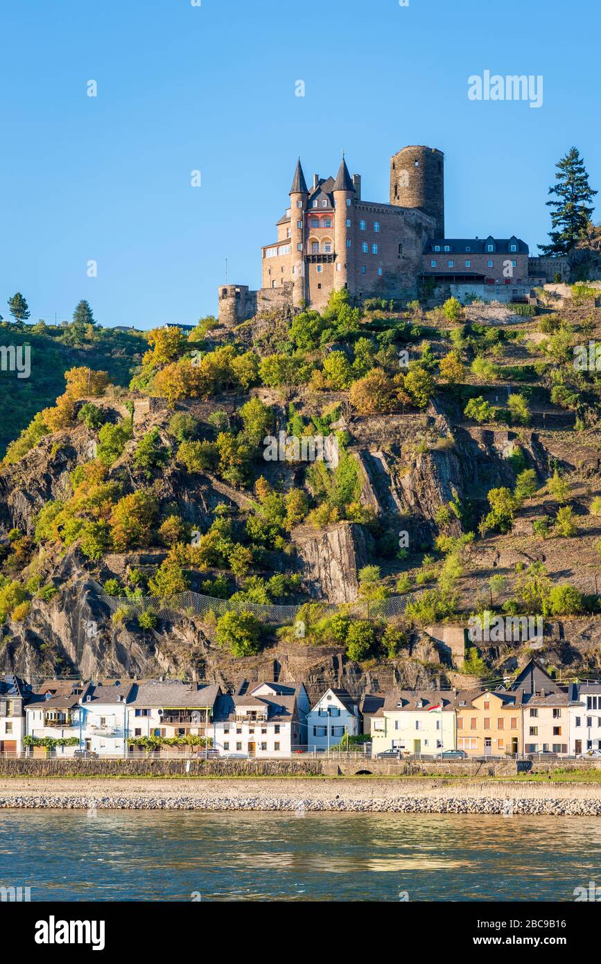 Schloss Katz, Rhein, Mittelrhein, romantisch, St. Goar, St. Goarshausen, UNESCO-Welterbe Oberes Mittelrheintal, Stockfoto