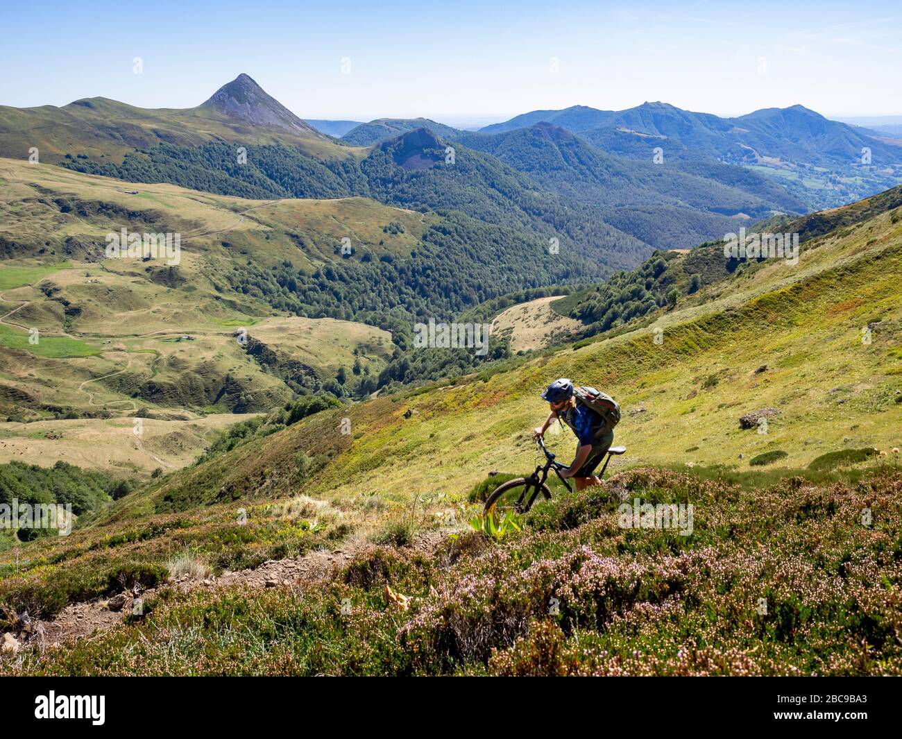 Mountainbikers auf einem einzigen Weg am Col de Cabre, Blick auf den Puy Griou. Monts du Cantal, Massif Central, Cantal France Stockfoto
