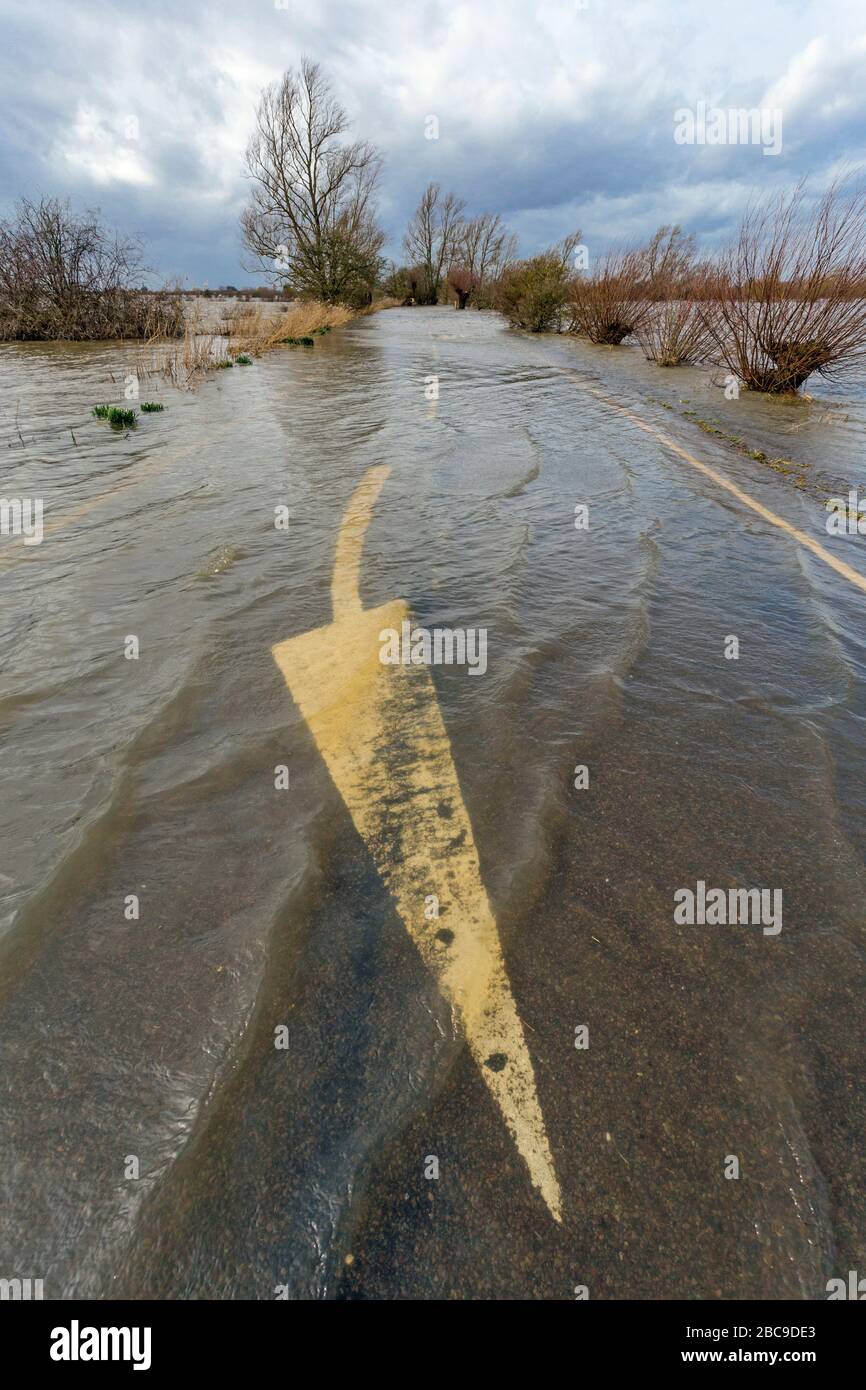 Überflutete Straße, Welney Wash, in der Nähe von Welney, Norfolk, England Stockfoto