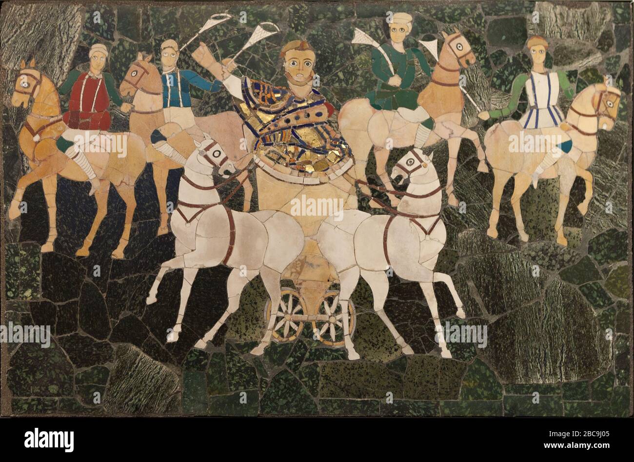 Charioteer und Reiter. Römische 'Opus sectile'-Platte aus der Basilika von Junius Bassus (Basilika Iunii Bassi), Esquiline Hill in Rom, Italien Stockfoto