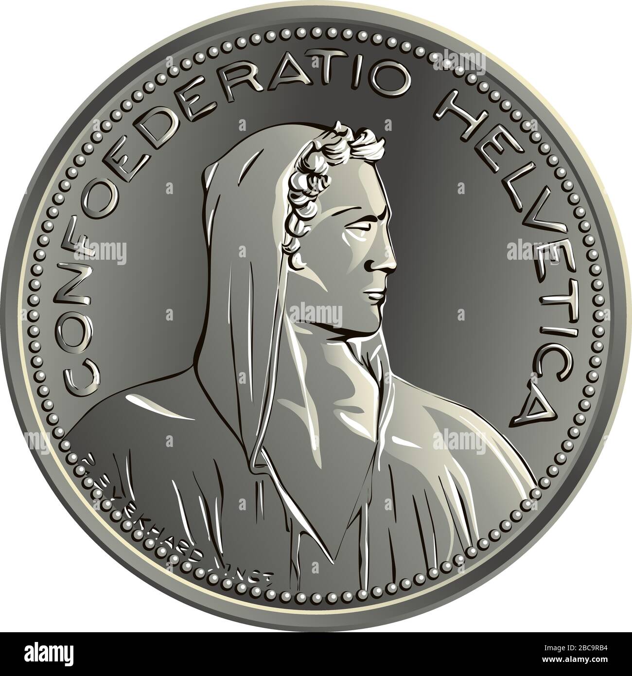 Vers von 5 Schweizer Franken Silbermünze mit Büste des Alpenhirten und Legende CONFOEDERATIO HELVETICA, offizielle Münze in der Schweiz und in Liechtenstein Stock Vektor