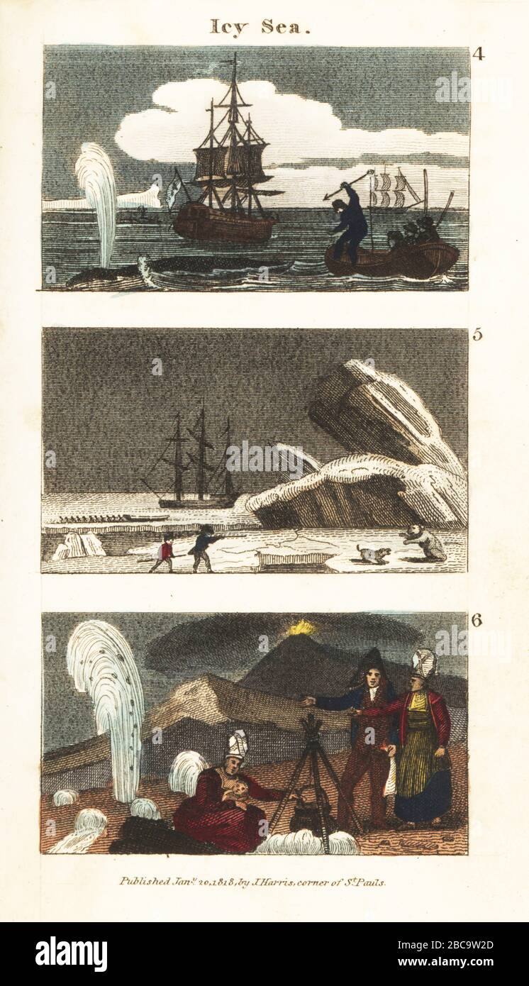 Walfänger belästigen Wale in der Nordsee 4, Matrosen, die auf Eisfeldern in der Arktis 5 laufen, und Blick auf den Hekla-Vulkan und den Geysir in Island 6. Handfarbige Kupferstichgravur aus den Szenen von Rev. Isaac Taylor in Europa, für die Unterhaltung und Anweisung von Little Tarry-at-Home Travelers, John Harris, London, um das Jahr 1819. Stockfoto