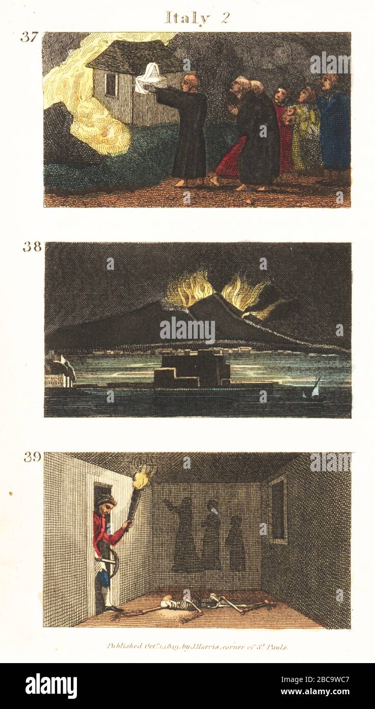 Der Ausbruch des Vesuv in Italien im Jahr 79AD. Lava, die in Herculaneum und Pompeji 37 fließt, der Ausbruch des Mt. Der Vesuv 38 und die Entdeckung der verschütteten Stadt im 18. Jahrhundert 39. Handfarbige Kupferstichgravur aus den Szenen von Rev. Isaac Taylor in Europa, für die Unterhaltung und Anweisung von Little Tarry-at-Home Travelers, John Harris, London, um das Jahr 1819. Stockfoto