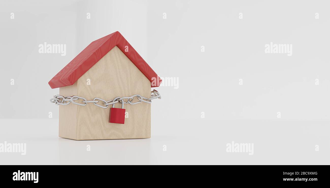 Home Sicherheitskonzept goldenes Schloss und Kette am Holzhaus Modell 3d zeigen Veranschaulichung Stockfoto