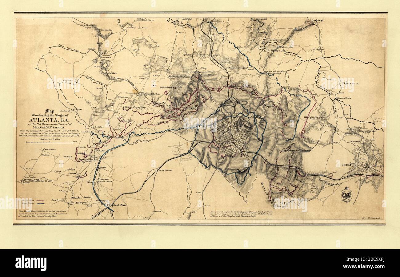 Karte zur Darstellung der Belagerung von Atlanta, Georgia durch US-Streitkräfte unter dem Kommando von Maj Gen. W.T. Sherman von der Passage von Peach Tree Creek, 19. Juli 1864 bis zum Beginn der Bewegung auf den feindlichen Kommunikationslinien südlich von Atlanta, 26. August 1864 Stockfoto