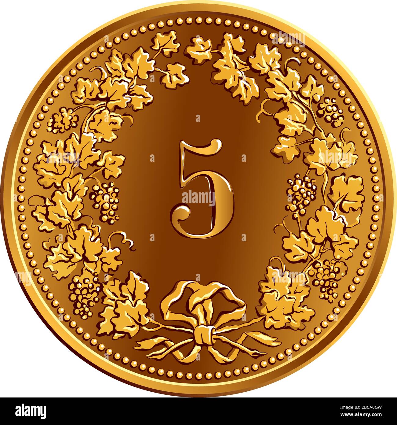 Reverse von 5 Centimes Goldmünze Franken mit 5 in Kranz von Trauben,  offizielle Münze in der Schweiz und in Liechtenstein Stock-Vektorgrafik -  Alamy