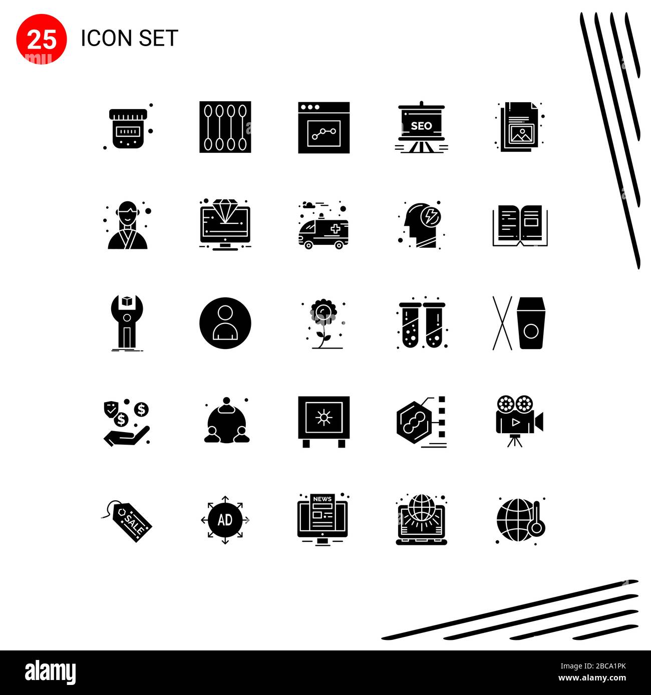 Paket mit 25 modernen festen Glyphen und Symbolen für Web Print Media, wie Business, Analytics, Analytics, SEO, Presentation Editable Vector Design Stock Vektor