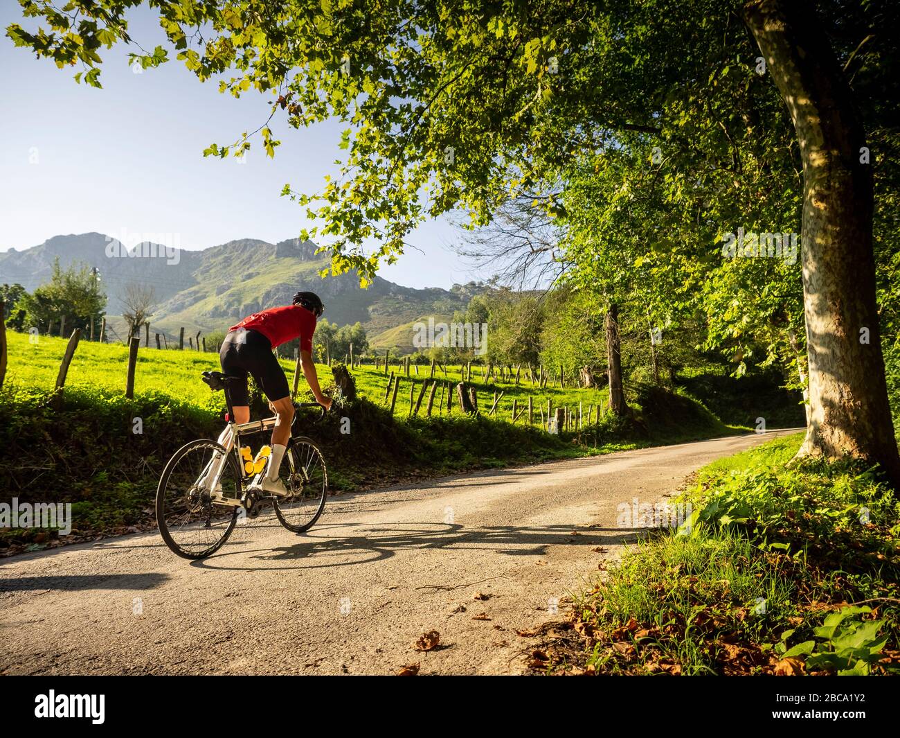 Straßenradsport in Asturien, Nordspanien. Rennradrennfahrer auf der Bergstraße bei Llanes im Picos de Europa, Kantabrische Kordillere, Principado de Astur Stockfoto