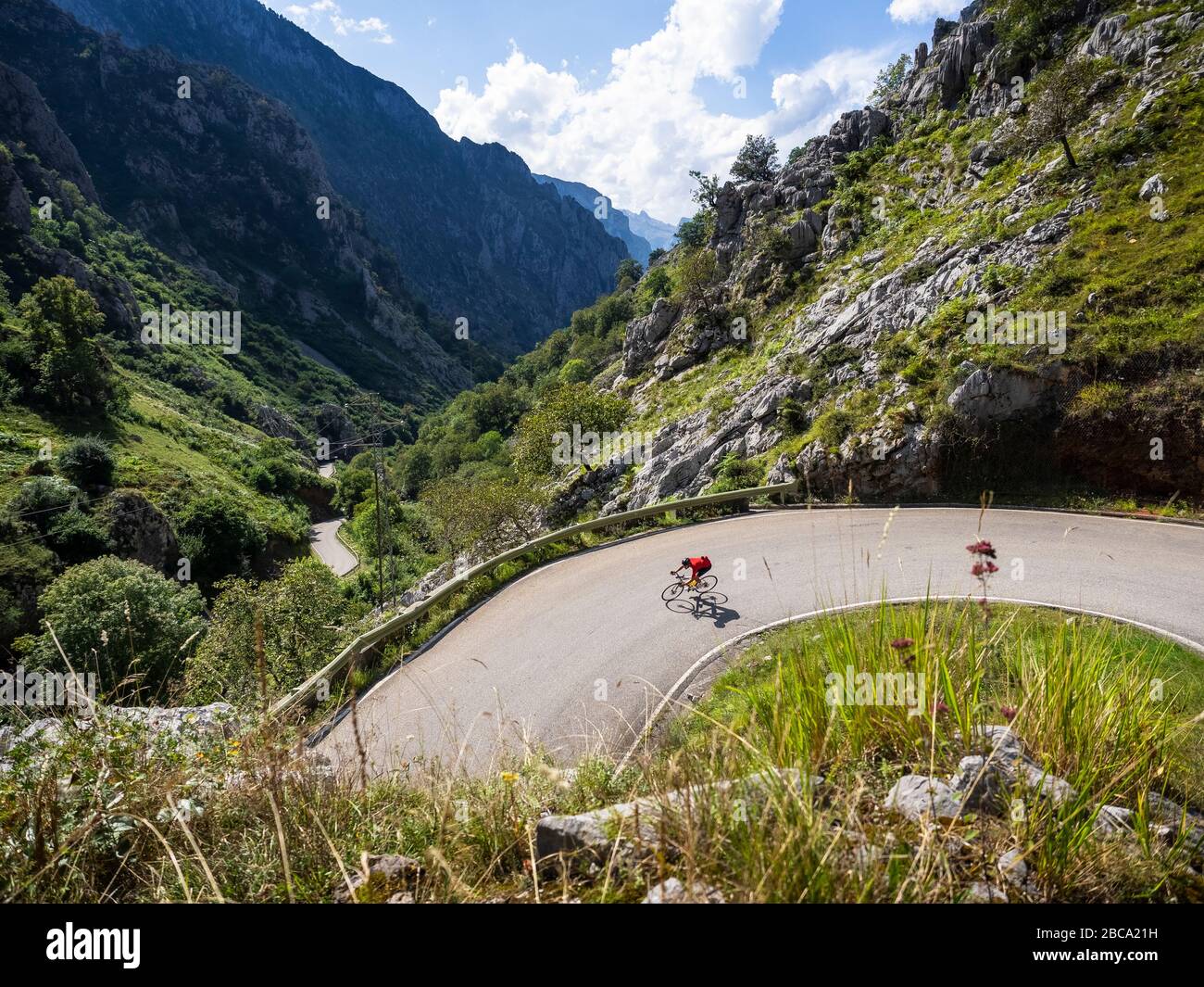 Straßenradsport in Asturien, Nordspanien. Rennradrennfahrer auf der steilen Bergstraße nach Sotres bei Las Arenas de Cabrales im Picos de Europa. Cantabri Stockfoto