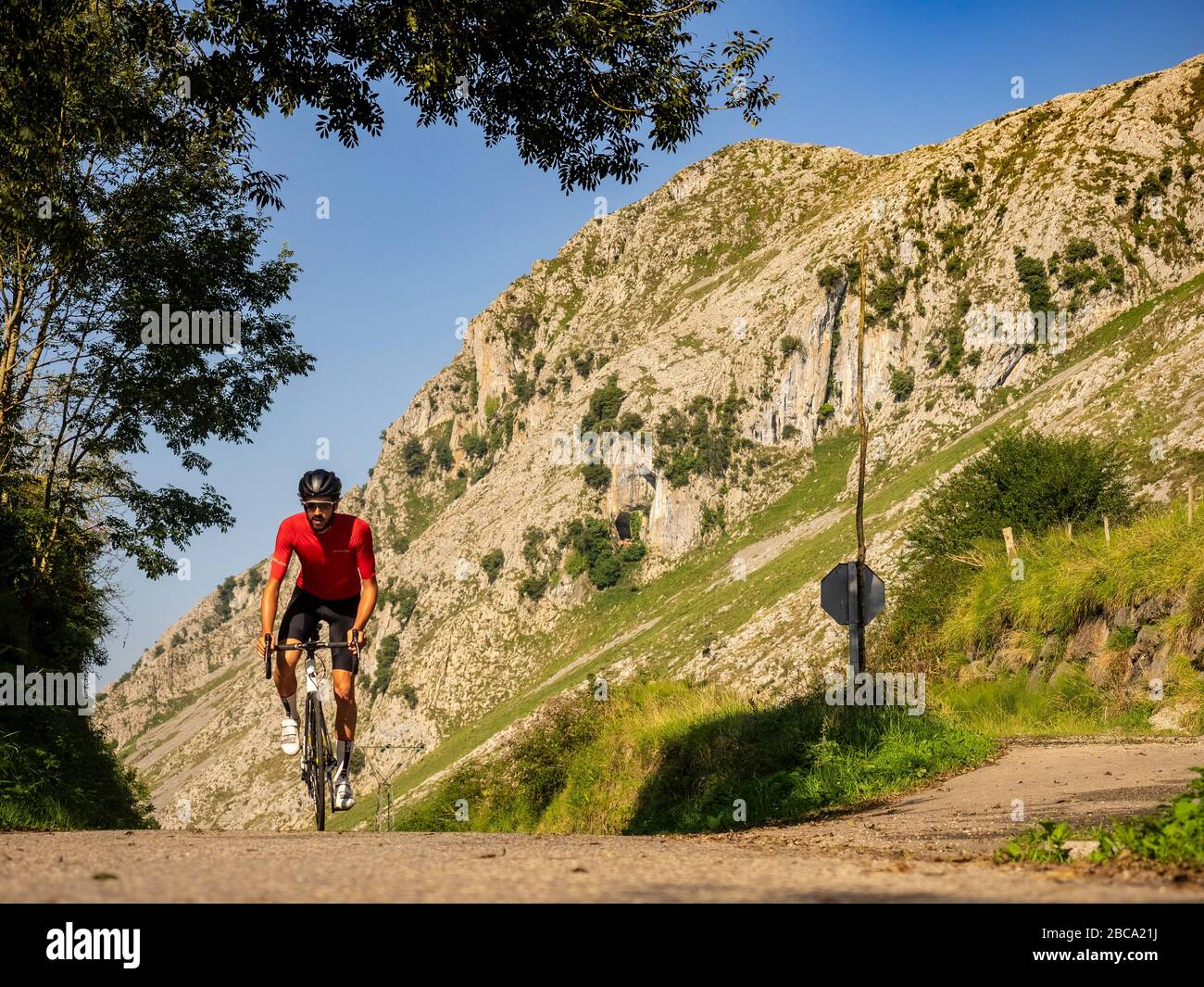 Straßenradsport in Asturien, Nordspanien. Rennradrennfahrer auf der Bergstraße bei El Mazuco in der Picos de Europa, Kantabrische Kordillere, Principado de AS Stockfoto