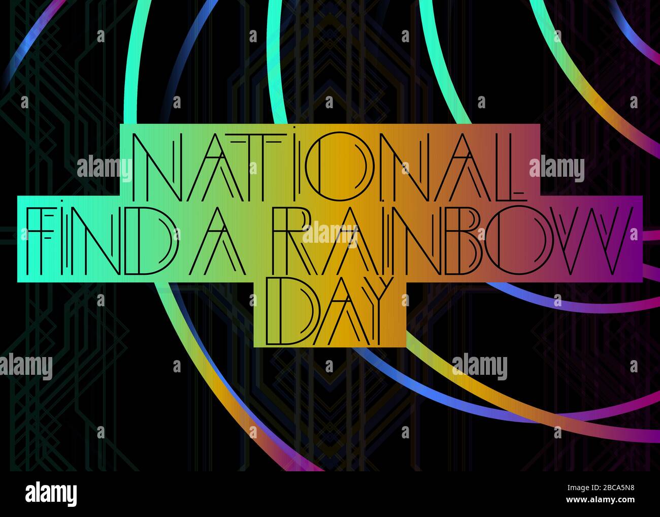 Art Deco National finden SIE EINEN Text zum Rainbow Day (3. April). Dekorative Grußkarte, Schild mit Vintage-Buchstaben. Stock Vektor