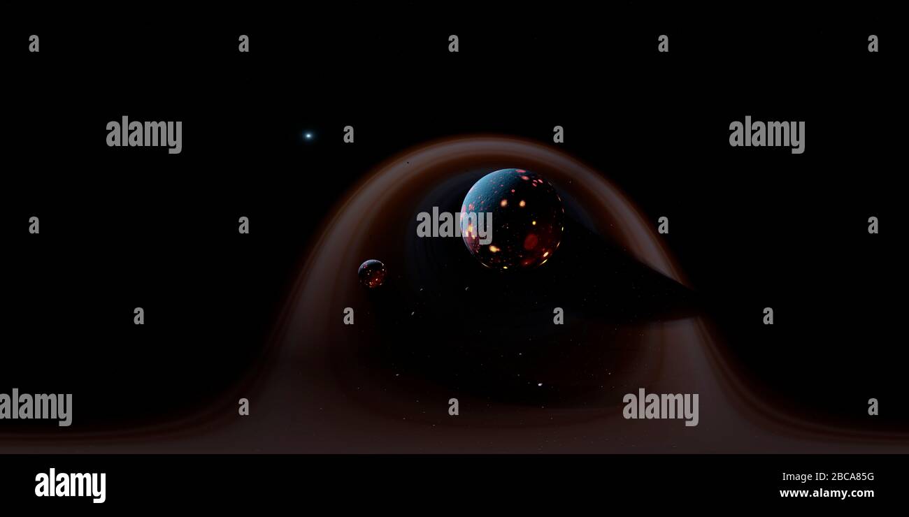 Ansicht des Erdmond-Systems während der Entstehung. Dies ist ein 360-Grad-VR-Bild, das für die Anzeige in einem VR-Headset oder für die Projektion auf eine Kuppel entwickelt wurde. Stockfoto