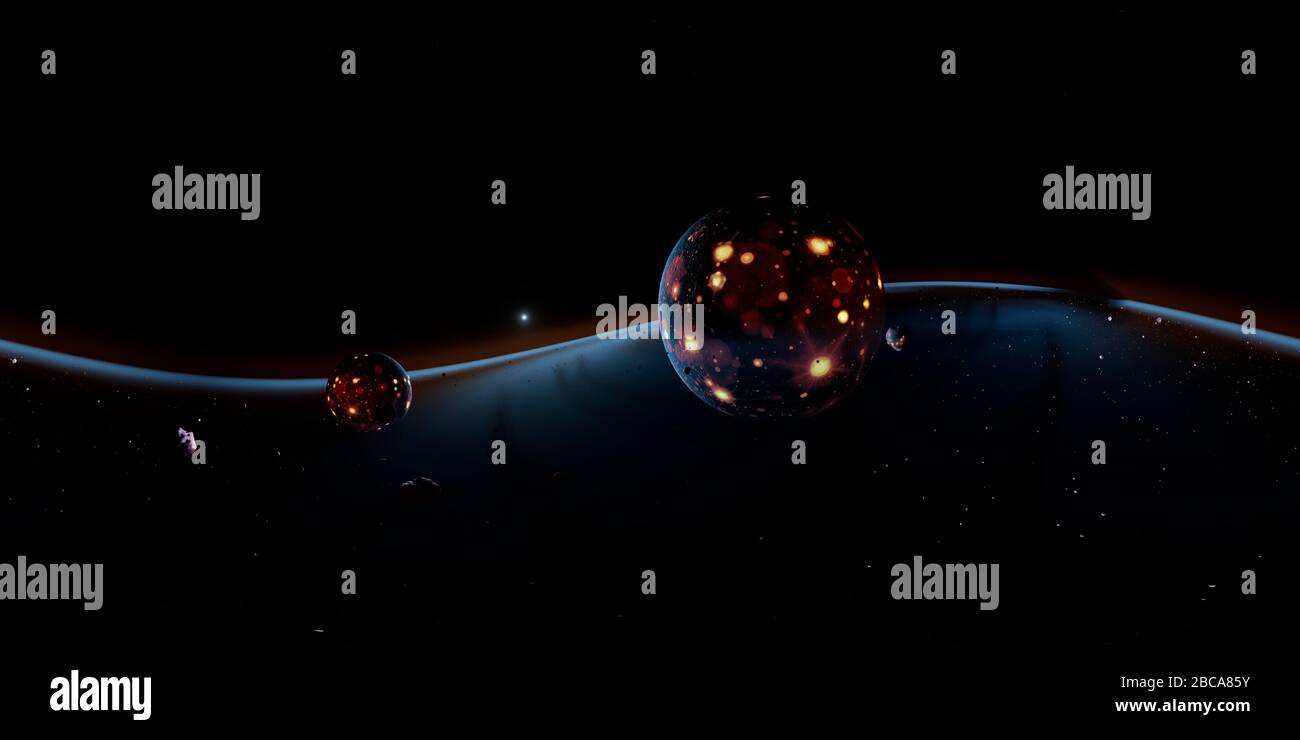 Ansicht des Erdmond-Systems während der Entstehung. Dies ist ein 360-Grad-VR-Bild, das für die Anzeige in einem VR-Headset oder für die Projektion auf eine Kuppel entwickelt wurde. Stockfoto