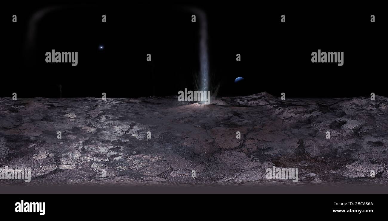 VR-Bild von Neptun aus Triton, das einen kryogenen Geysir zeigt, der von der Oberfläche ausbricht. Hierbei handelt es sich um eine 360-Grad-Fotosphäre oder ein virtuelles Realitätsbild. Es ist für das Verwegen in einem VR-Headset oder für die Projektion auf eine Kuppel konzipiert. Stockfoto