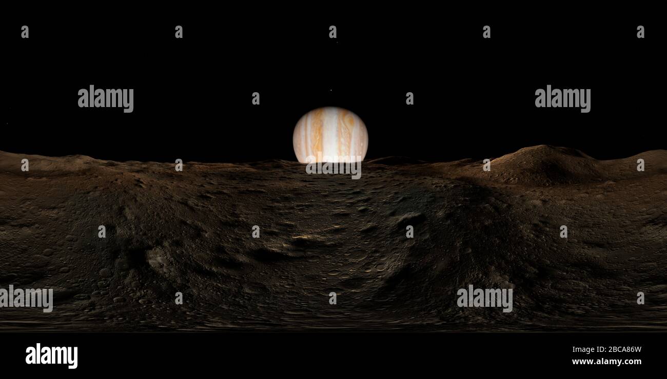 Eine VR-Ansicht des Jupiters von seinem innersten Mond aus gesehen, ein kleiner gefangener Asteroiden namens Amalthea. Dies ist für die Verwendung in einem Headset mit virtueller Realität oder für die Projektion auf das Innere einer Kuppel vorgesehen. Stockfoto