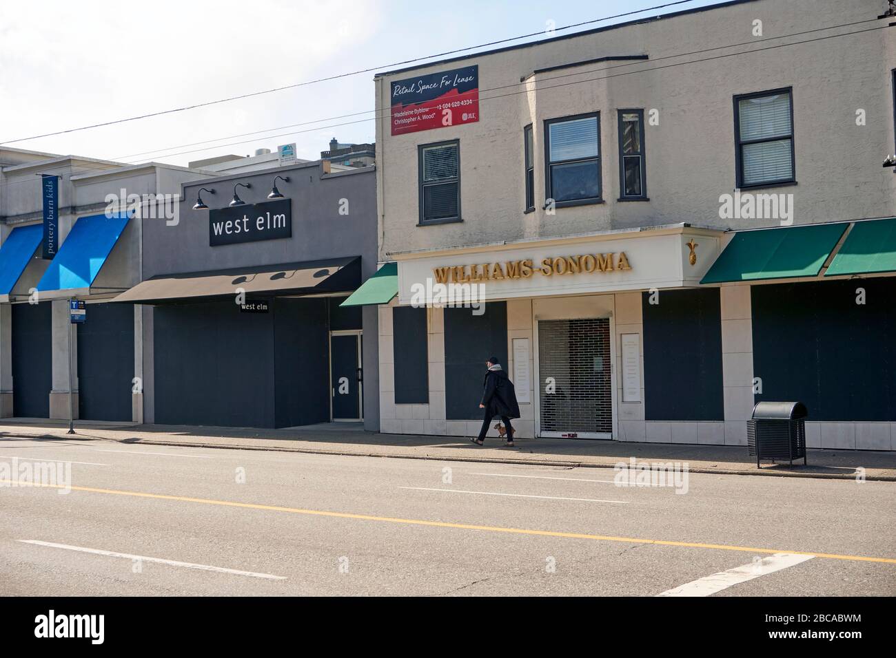 Vancouver, Kanada, 03. April 2020. Geschäfte an der South Granville Street und in anderen Gebieten von Vancouver wurden geentert, um während der COVD-19-Pandemie Beutezüge zu verhindern. Stockfoto