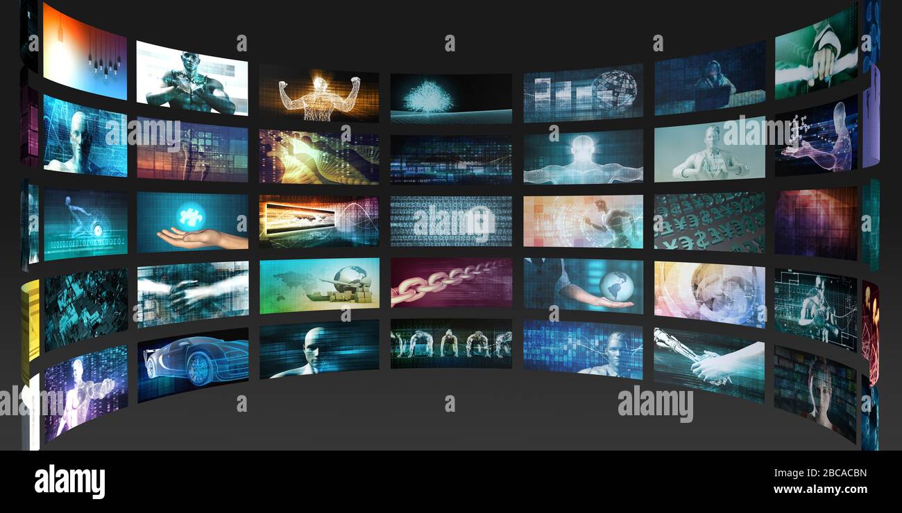 Video-Marketing-Konzept mit fließenden Bildschirmen Wand Stockfoto